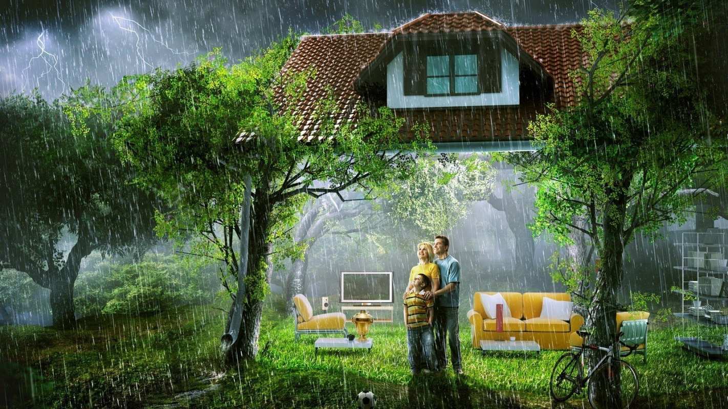 Открытка семья смотрит на дождь  с днем семьи   happy family day 